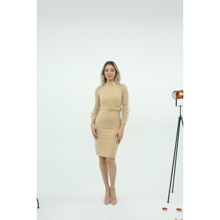 Nude Kolları Tül Elbise