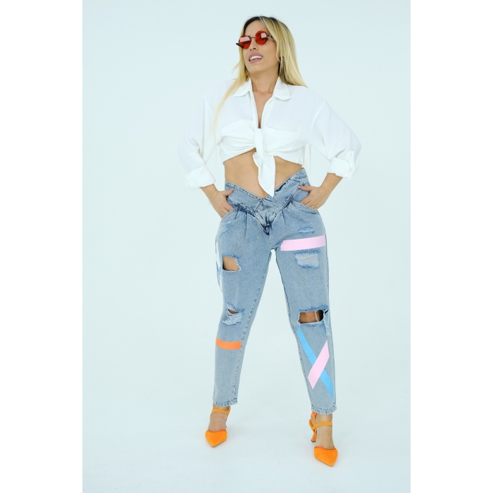 Pembe Turuncu Baskılı Beli Oval Pantolon