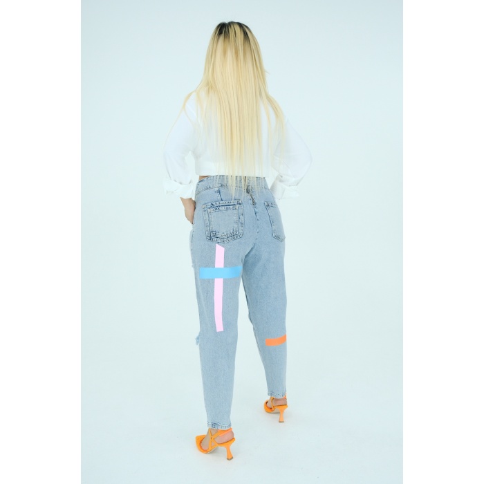 Pembe Turuncu Baskılı Beli Oval Pantolon