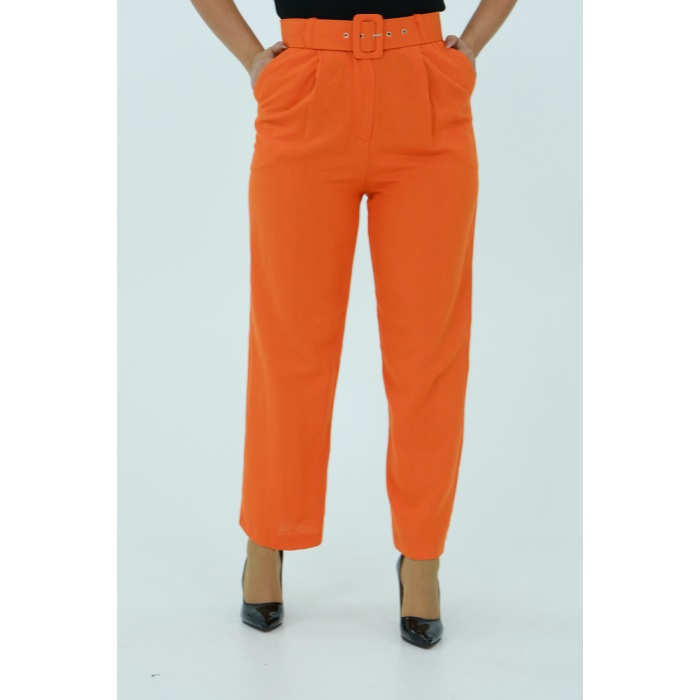 Turuncu beli kemerli keten pantolon