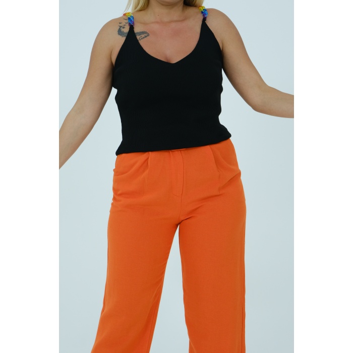 Turuncu beli kemerli keten pantolon