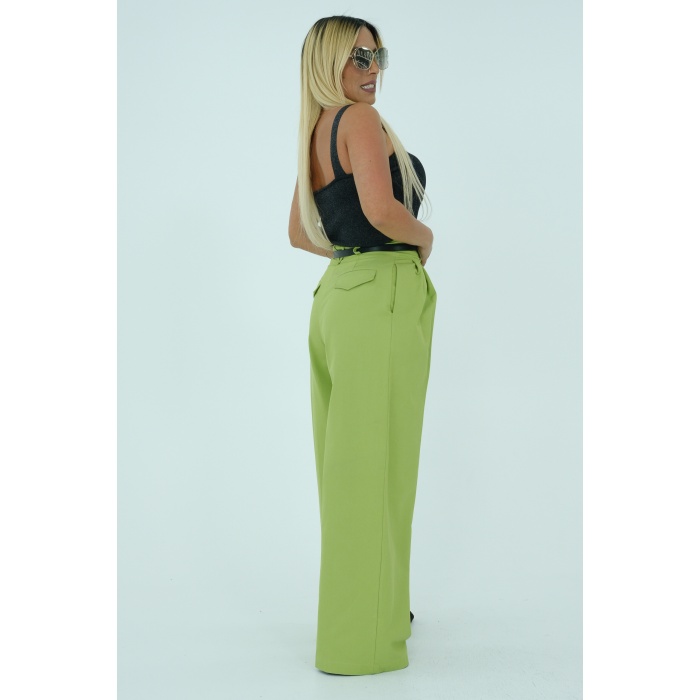 Fıstık yeşili siyah kemerli bol paça pantolon
