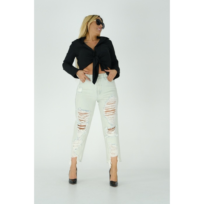 Buz Mavisi Yırtıklı Mom Jeans