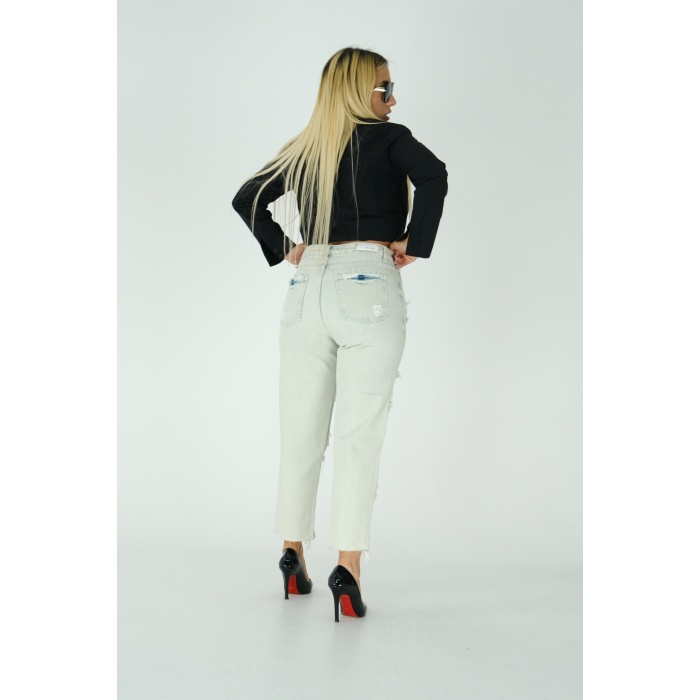Buz Mavisi Yırtıklı Mom Jeans