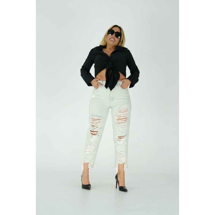 Buz Mavisi Yırtıklı Mom Jeans