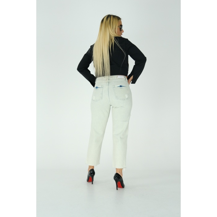 Buz Mavisi Yırtıklı Mom Jeans