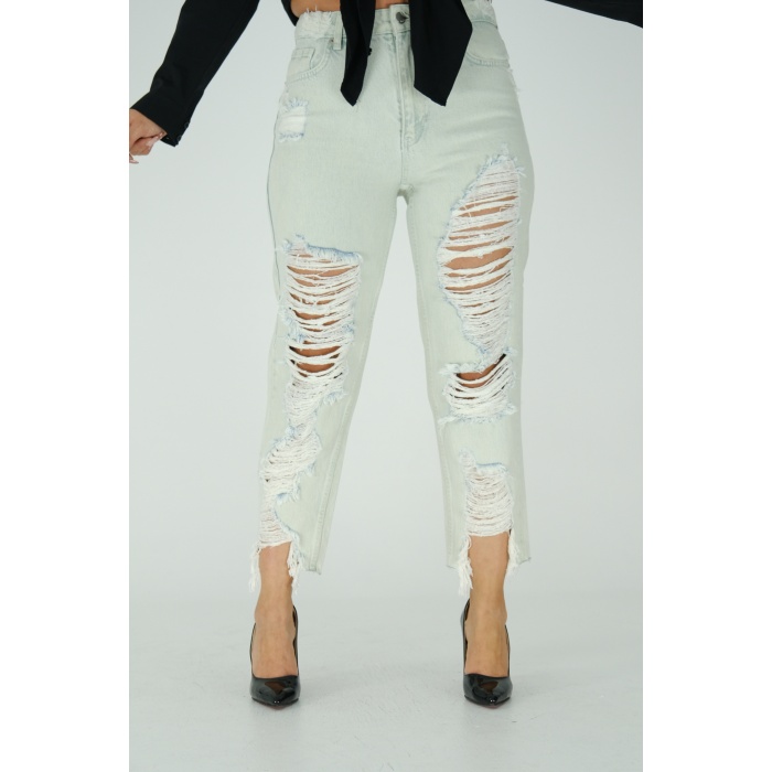 Buz Mavisi Yırtıklı Mom Jeans