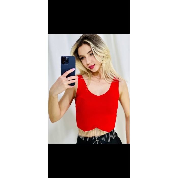 Kırmızı Zincir Püsküllü Triko Crop