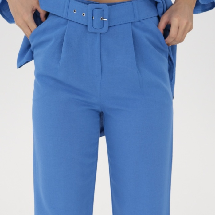 Mavi beli kemerli keten pantolon