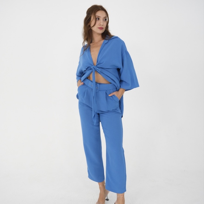 Mavi beli kemerli keten pantolon