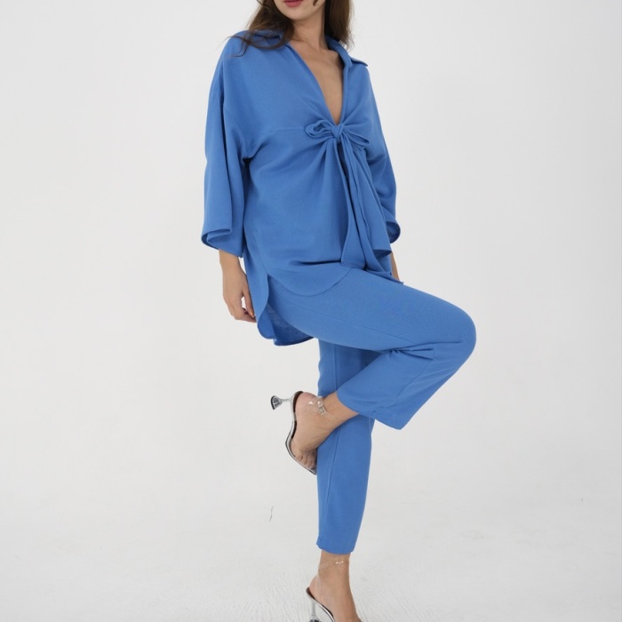 Mavi beli kemerli keten pantolon