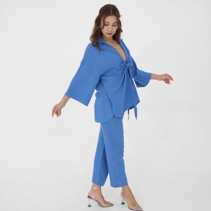 Mavi beli kemerli keten pantolon