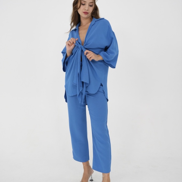 Mavi beli kemerli keten pantolon