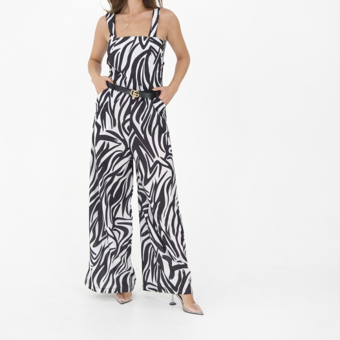 Zebra desenli kalın askılı bol paça tulum