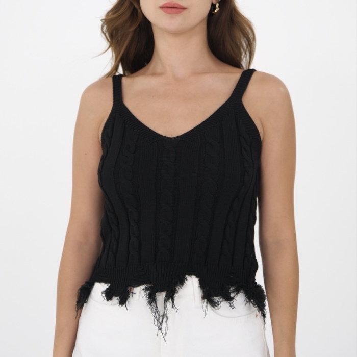 Siyah Askılı Örgü İp Püsküllü Crop