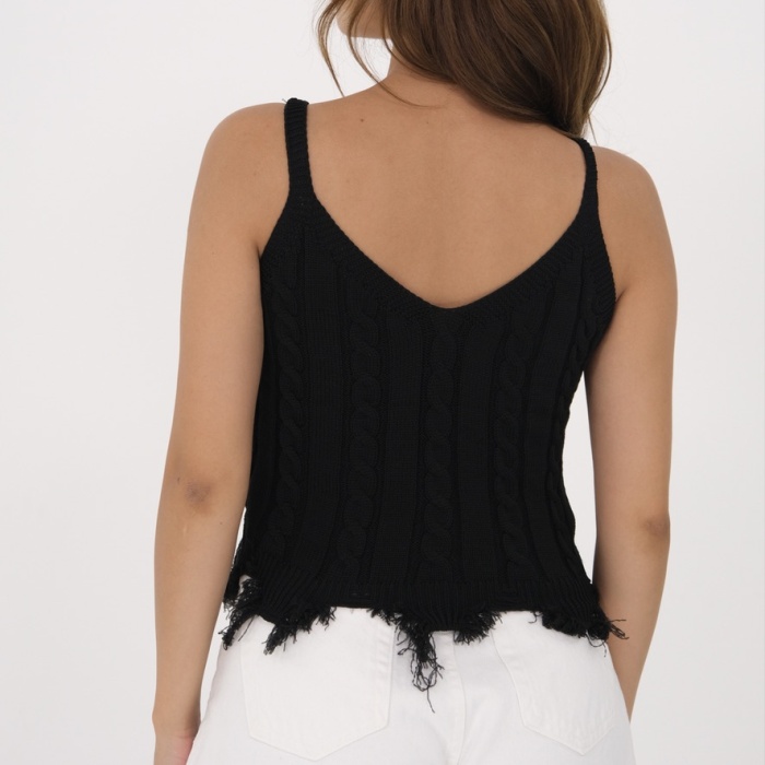 Siyah Askılı Örgü İp Püsküllü Crop