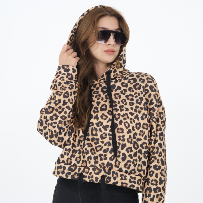 Leopar Desenli Kapüşonlu Sweat
