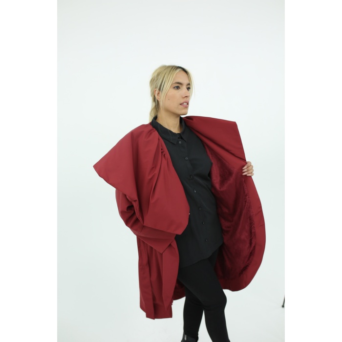 Bordo Geniş Yaka Tek Tarafı Büzgülü Beli Kemerli Uzun Tasarım Mont
