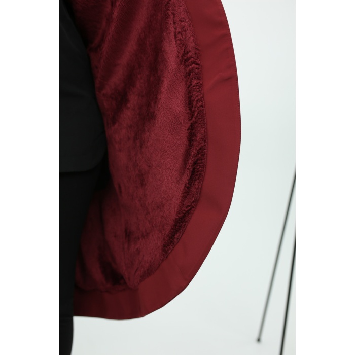Bordo Geniş Yaka Tek Tarafı Büzgülü Beli Kemerli Uzun Tasarım Mont