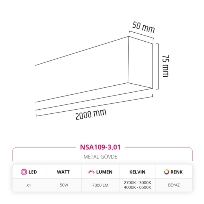200 cm Linear Sıva Üstü Armatür Beyaz