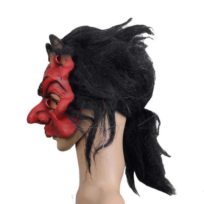 Lateks Korku Maskesi Şeytan Boynuzlu Kırmızı Maske Saçlı