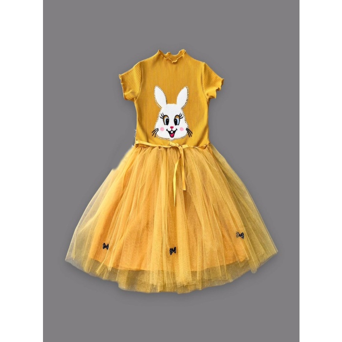 Payetli Tavşan Baskılı Kız Çocuk Elbisesi