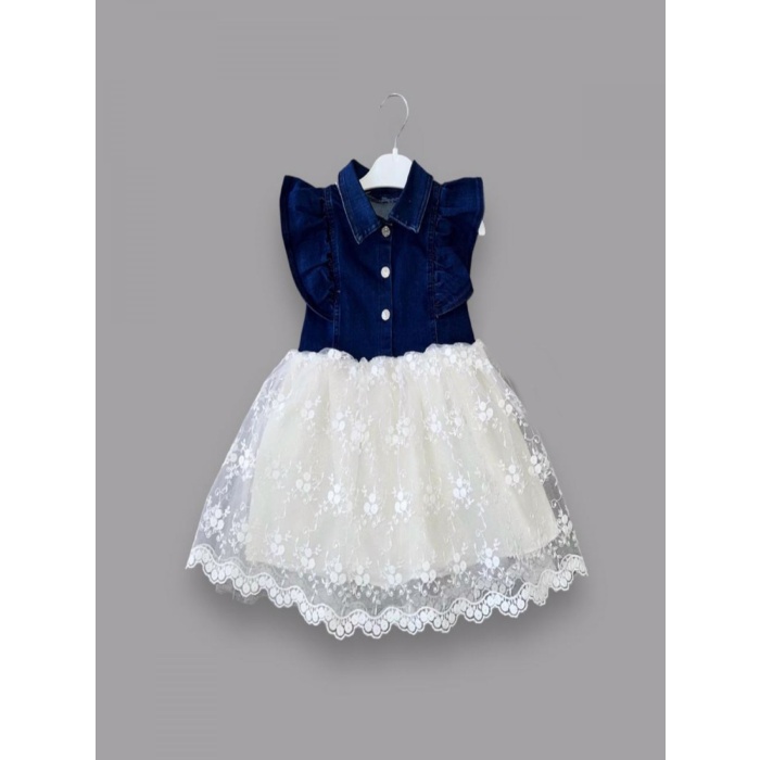 Astarlı Brode Etekli Kot Kumaş Düğmeli Kız Çocuk Elbisesi