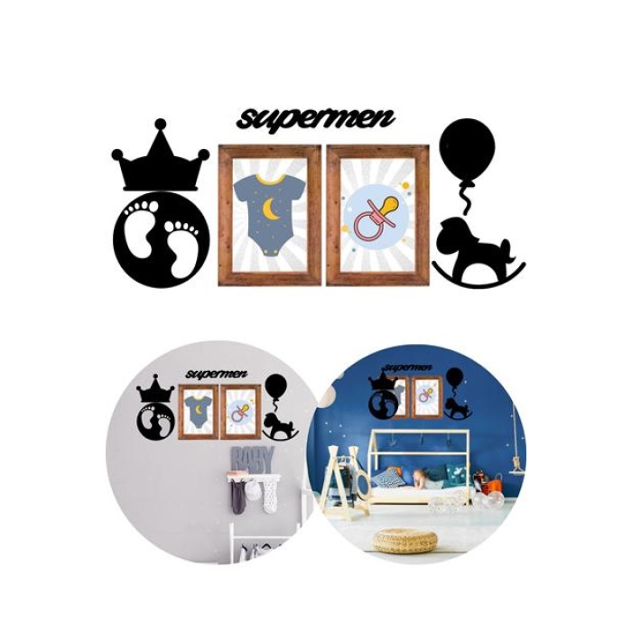 BUFFER® DECO103 Supermen Dekoratif Duvar Süsü Tablo Aksesuar Ahşap Tasarım Hediye Pano Sticker Seti