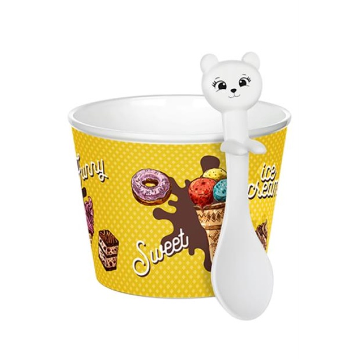 BUFFER® 4 Parça Renkli Dondurma Kasesi Kaşık Seti Sevimli Kedi Figürlü Plastik