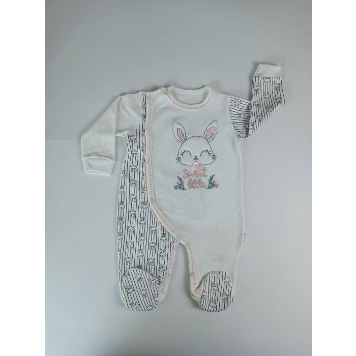 Minik Tavşan Nakışlı Boydan Çıtçıt Kapamalı Bebek Tulumu
