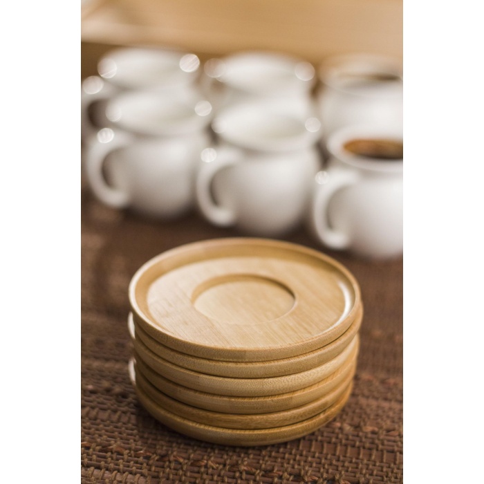 Bambu Tabaklı Porselen 6 Lı Kahve Fincanı Seti
