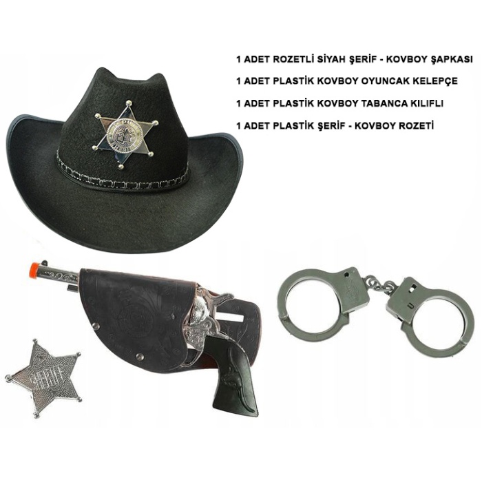 Çocuk Boy Siyah Şerif-Kovboy Şapka Tabanca Rozet ve Kelepçe Seti 4 Parça