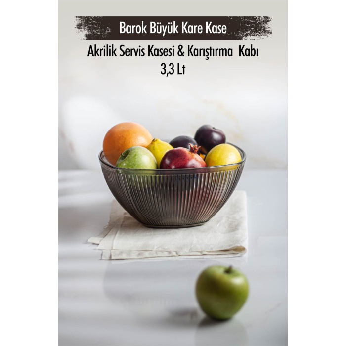 Akrilik Barok Füme Büyük Kare Meyve & Salata Kasesi & Karıştırma Kabı / 3,3 Lt  (CAM DEĞİLDİR)