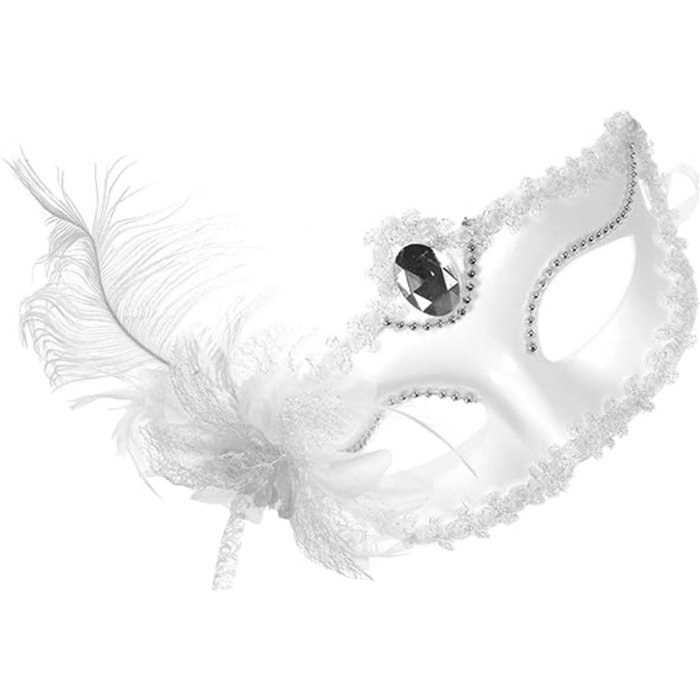 Beyaz Mat Renk Yandan Tüylü Güllü Parti Balo Venedik Maskesi 16x22