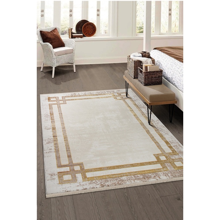 Valery Home Saçaklı Modern Dokuma Tasarım Halı Glory Oturma Odası Salon Mutfak Halısı Krem Gold Renk