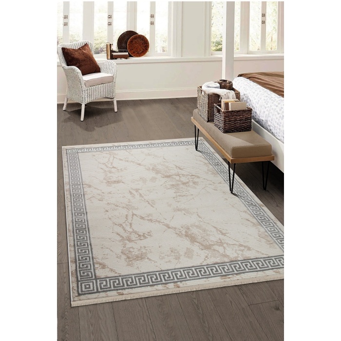 Valery Home Saçaklı Modern Dokuma Halı Glory Oturma Odası Salon Mutfak Halısı Krem Bej Gri Renk