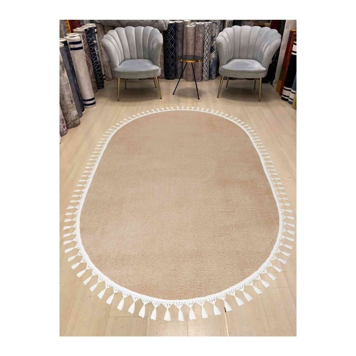 Valery Home Oval Comfort Puffy Ponpon Saçaklı Peluş Halı Vizon Renk