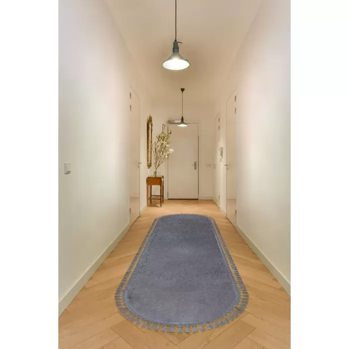 Yıkanabilir Oval Comfort Puffy Ponpon Saçaklı Peluş Yolluk Antrasit Renk