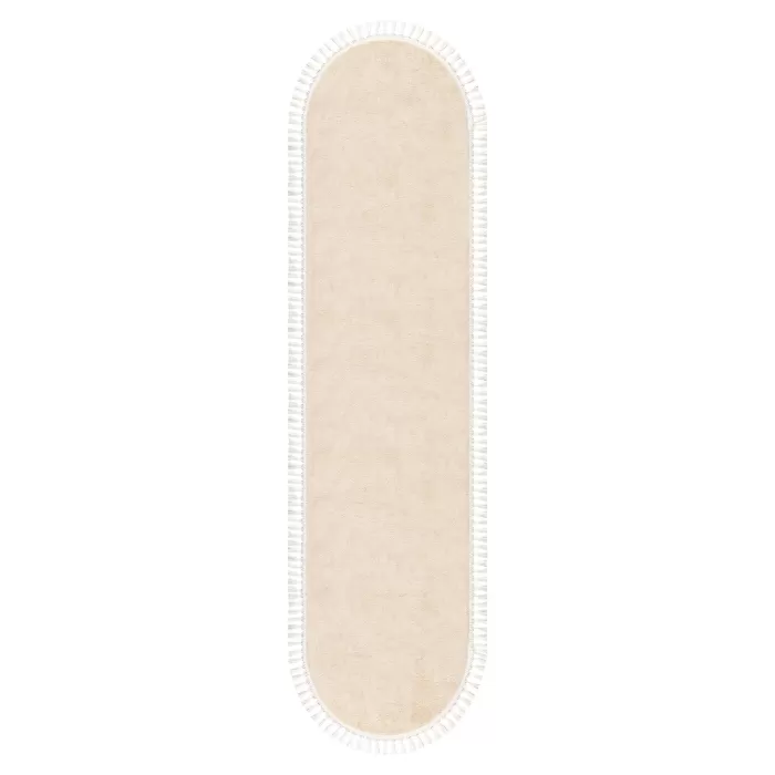 Yıkanabilir Oval Comfort Puffy Ponpon Saçaklı Peluş Yolluk Bej Renk