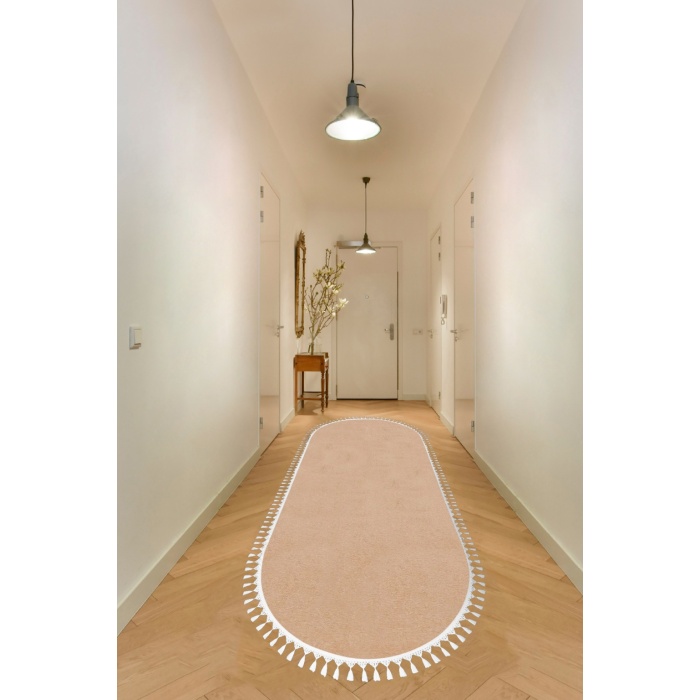 Yıkanabilir Oval Comfort Puffy Ponpon Saçaklı Peluş Yolluk Kahverengi Vizon Renk