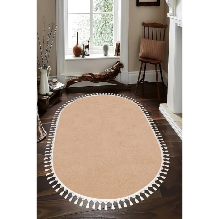 Yıkanabilir Oval Comfort Puffy Ponpon Saçaklı Peluş Yolluk Kahverengi Vizon Renk