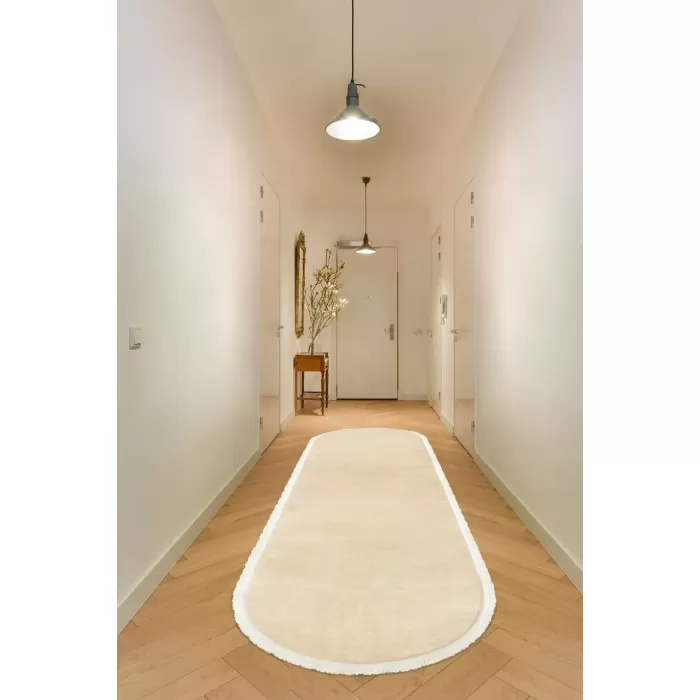 Yıkanabilir Oval Comfort Puffy Düz Saçaklı Peluş Halı Bej Renk