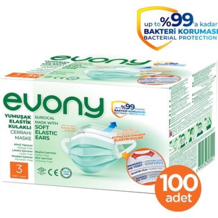 EVONY YUMUŞAK ELASTİK KULAKLI CER.MASKE YEŞİL 50 Lİ