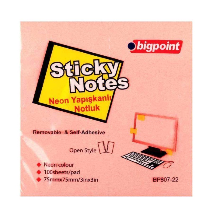 Bigpoint Yapışkanlı Not Kağıdı 75x75mm Neon Pembe