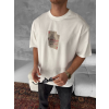 Ön Ve Arka Baskılı Oversize Bisiklet Yaka T-Shirt - Beyaz