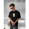 Ön Ve Arka Baskılı Oversize Bisiklet Yaka T-Shirt - Siyah
