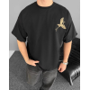 Ön Ve Arka Baskılı Oversize Bisiklet Yaka T-Shirt - Siyah