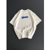 Ön Ve Arka Baskılı Oversize Bisiklet Yaka T-Shirt- Beyaz