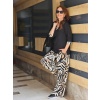 Kadın Kumaş V Yaka Dirsek Kol Zebra Desenli Ikili Takım