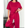 Osy Yumuşak Dokulu Kumaş Bisiklet Yaka T-Shirt Bol Paça Pantalon Ikili Takım -Bordo